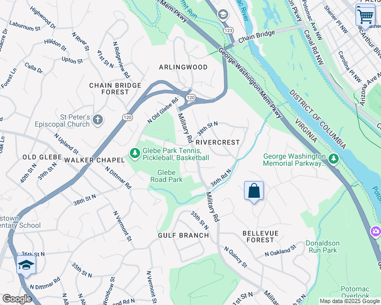 map of restaurants, bars, coffee shops, grocery stores, and more near 3738 Military Road in Arlington