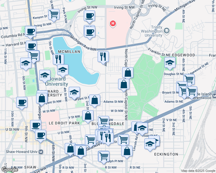 map of restaurants, bars, coffee shops, grocery stores, and more near 2419 First Street Northwest in Washington
