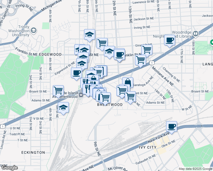map of restaurants, bars, coffee shops, grocery stores, and more near 1003 Bryant Street Northeast in Washington