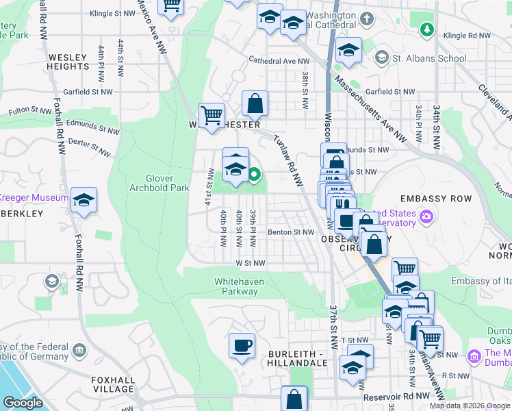 map of restaurants, bars, coffee shops, grocery stores, and more near 2445 39th Place Northwest in Washington