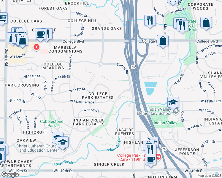 map of restaurants, bars, coffee shops, grocery stores, and more near 10636 W 115th St in Overland Park