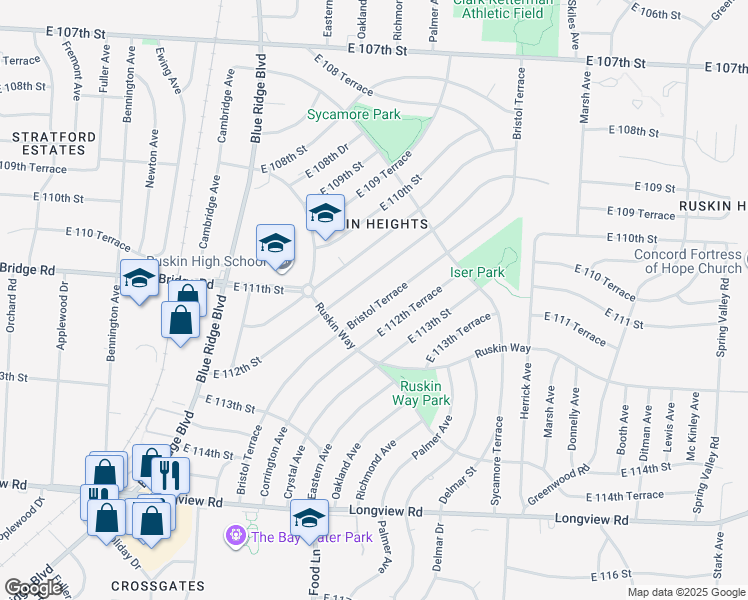 map of restaurants, bars, coffee shops, grocery stores, and more near 11106 Bristol Terrace in Kansas City