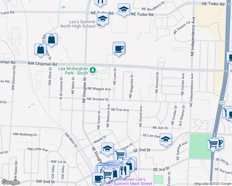 map of restaurants, bars, coffee shops, grocery stores, and more near 507 Northeast Lynn Street in Lee's Summit