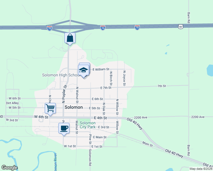 map of restaurants, bars, coffee shops, grocery stores, and more near 402 North Oak Street in Solomon