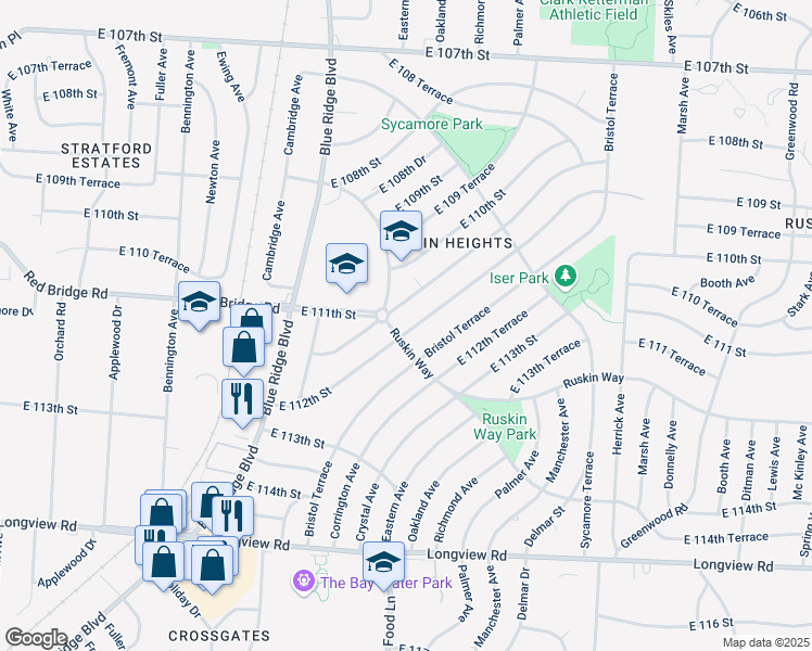 map of restaurants, bars, coffee shops, grocery stores, and more near 7302 East 112th Street in Kansas City