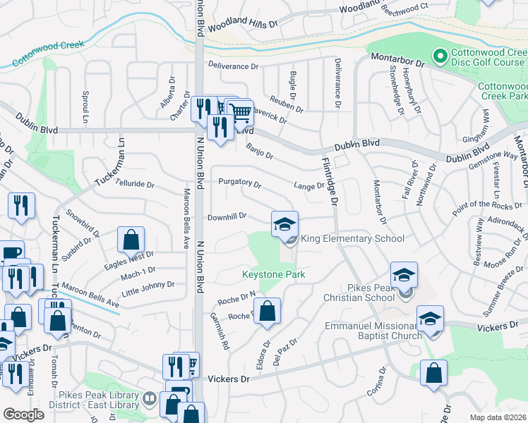 map of restaurants, bars, coffee shops, grocery stores, and more near 2920 Downhill Drive in Colorado Springs