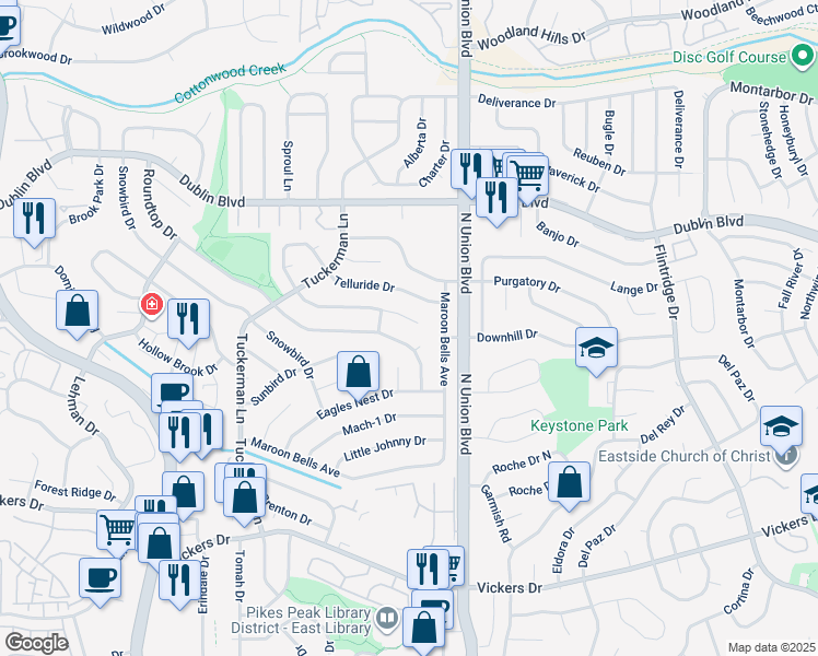 map of restaurants, bars, coffee shops, grocery stores, and more near 2720 Roundtop Drive in Colorado Springs