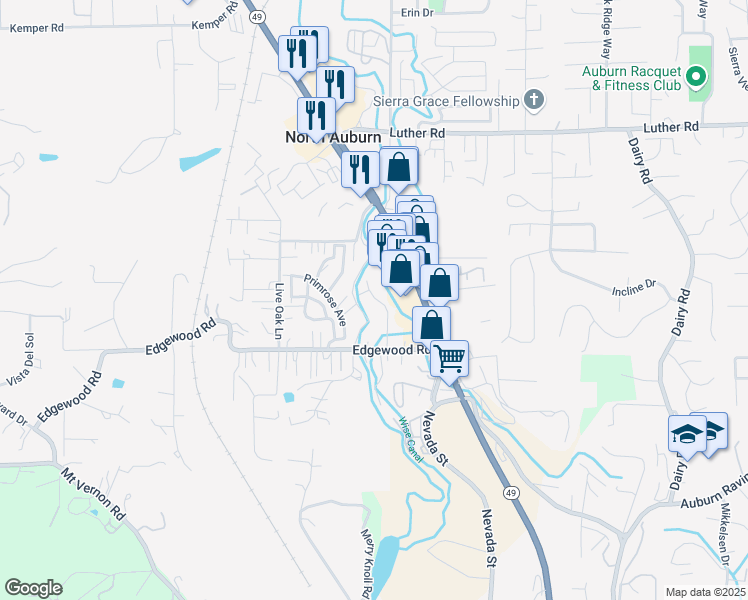 map of restaurants, bars, coffee shops, grocery stores, and more near 1163 Grass Valley Highway in Auburn