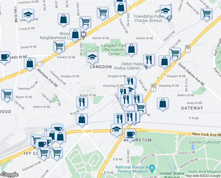 map of restaurants, bars, coffee shops, grocery stores, and more near 101 Independence Avenue Southeast in Washington