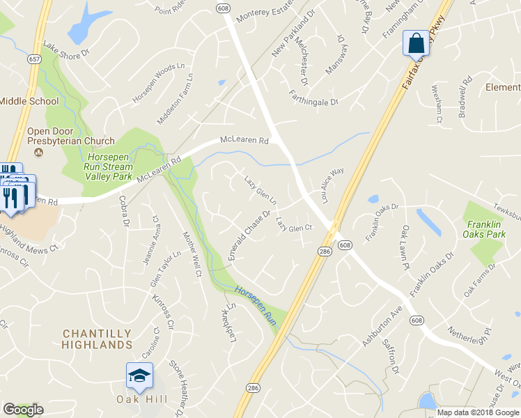 map of restaurants, bars, coffee shops, grocery stores, and more near 2970 Emerald Chase Drive in Herndon