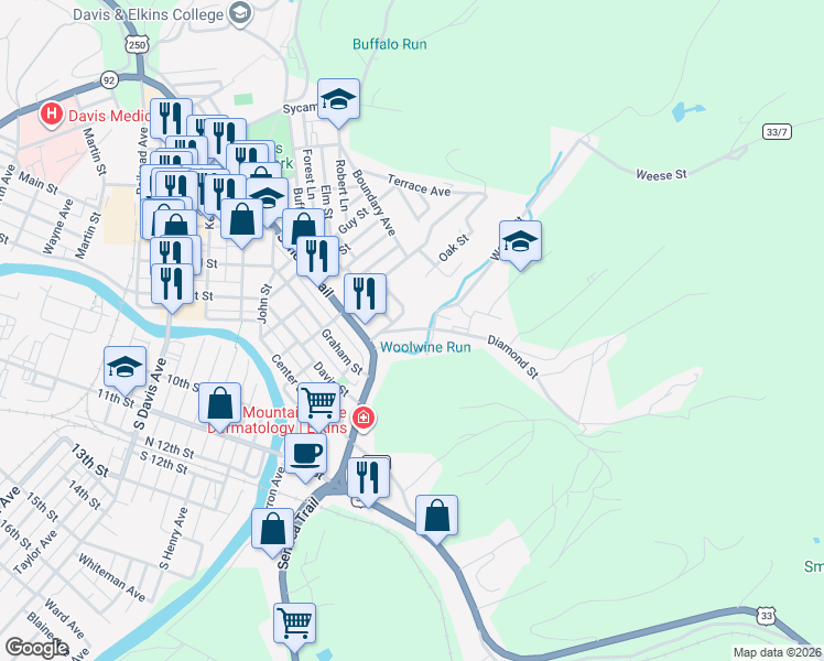 map of restaurants, bars, coffee shops, grocery stores, and more near 34 Diamond Street in Elkins