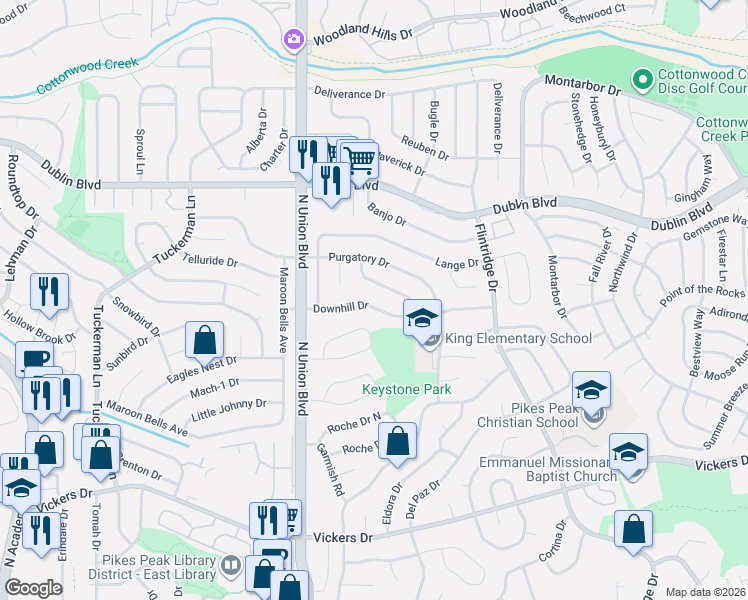 map of restaurants, bars, coffee shops, grocery stores, and more near 2920 Downhill Drive in Colorado Springs