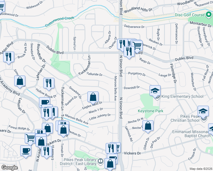 map of restaurants, bars, coffee shops, grocery stores, and more near 2720 Roundtop Drive in Colorado Springs