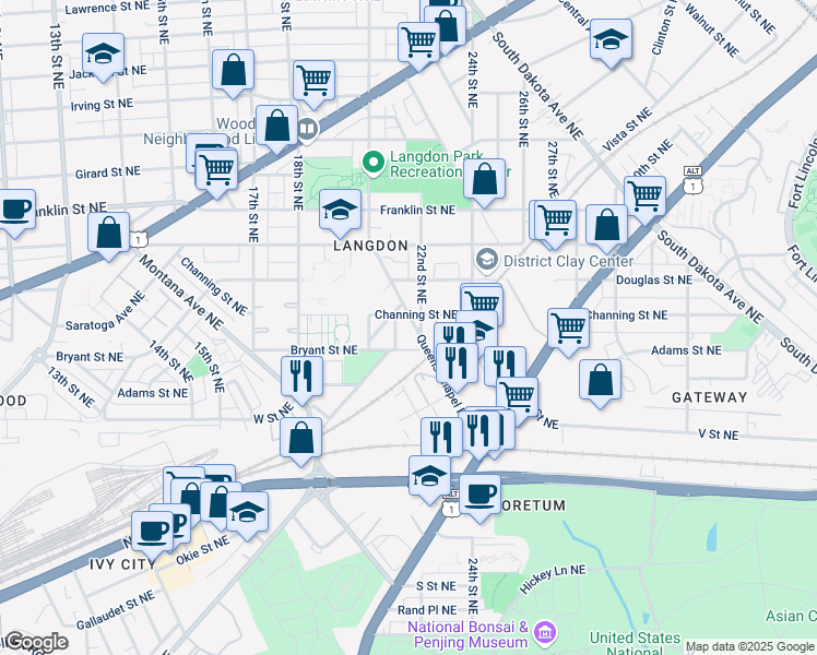 map of restaurants, bars, coffee shops, grocery stores, and more near 2426 Queens Chapel Road Northeast in Washington