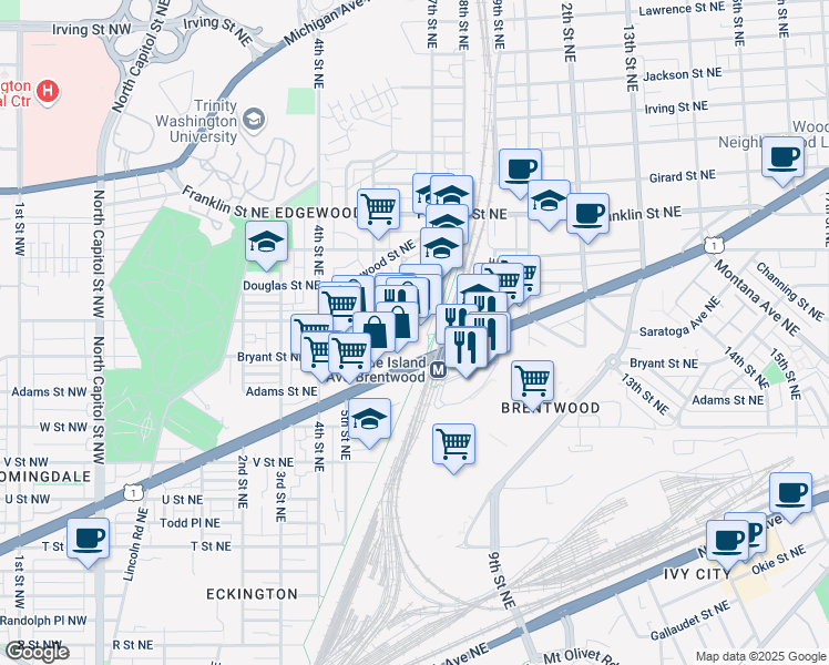 map of restaurants, bars, coffee shops, grocery stores, and more near 680 Rhode Island Avenue Northeast in Washington