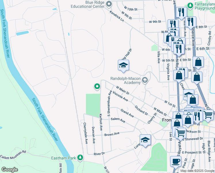 map of restaurants, bars, coffee shops, grocery stores, and more near 615 Viscose Avenue in Front Royal