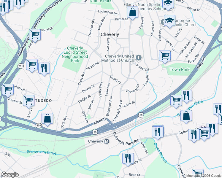 map of restaurants, bars, coffee shops, grocery stores, and more near 2344 Belleview Avenue in Cheverly