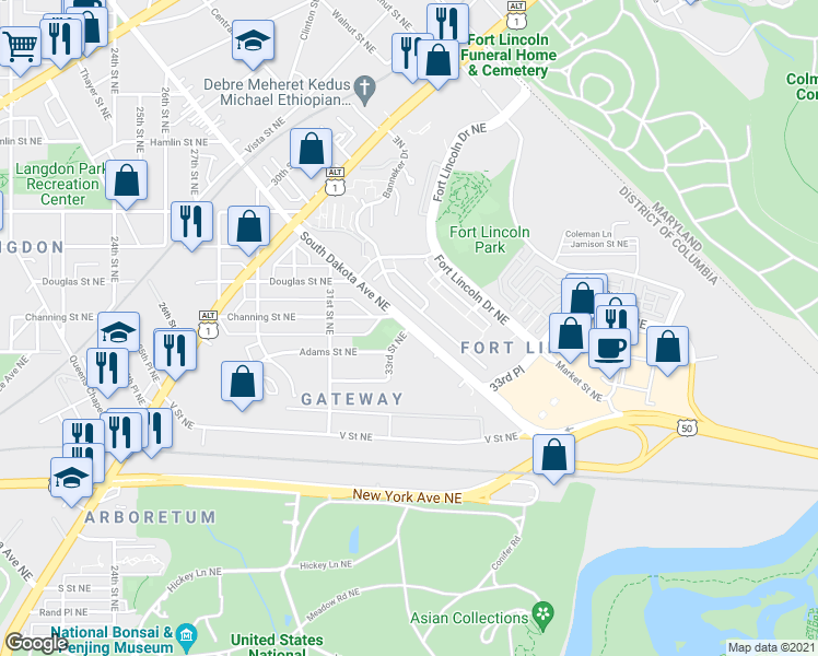 map of restaurants, bars, coffee shops, grocery stores, and more near 3814 33rd Street Northeast in Washington