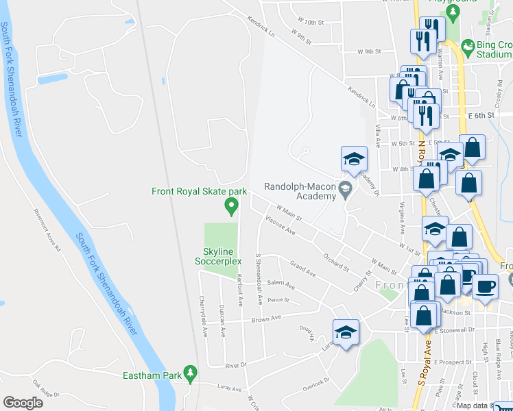map of restaurants, bars, coffee shops, grocery stores, and more near 615 Viscose Avenue in Front Royal