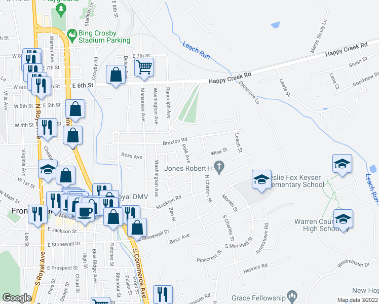 map of restaurants, bars, coffee shops, grocery stores, and more near 223 Polk Ave in Front Royal