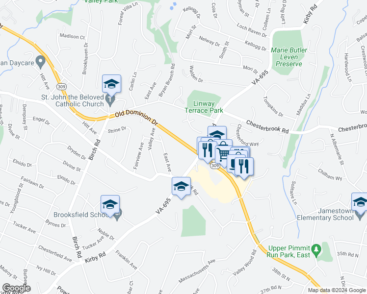 map of restaurants, bars, coffee shops, grocery stores, and more near 6315 Old Dominion Drive in McLean