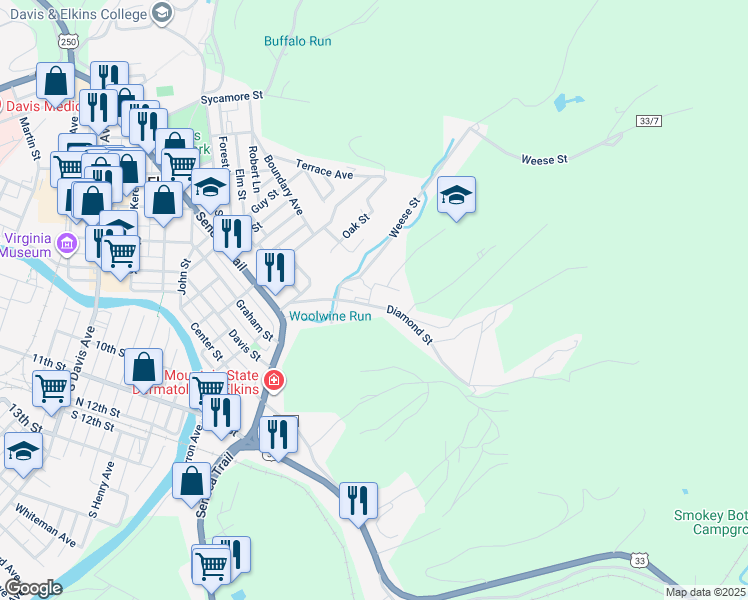 map of restaurants, bars, coffee shops, grocery stores, and more near 225 Diamond Street in Elkins