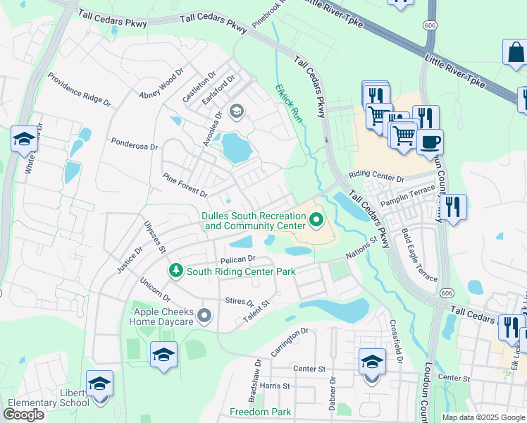 map of restaurants, bars, coffee shops, grocery stores, and more near 42625 Homefront Terrace in South Riding