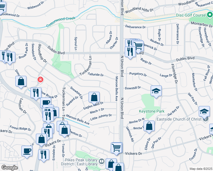 map of restaurants, bars, coffee shops, grocery stores, and more near 2720 Roundtop Drive in Colorado Springs
