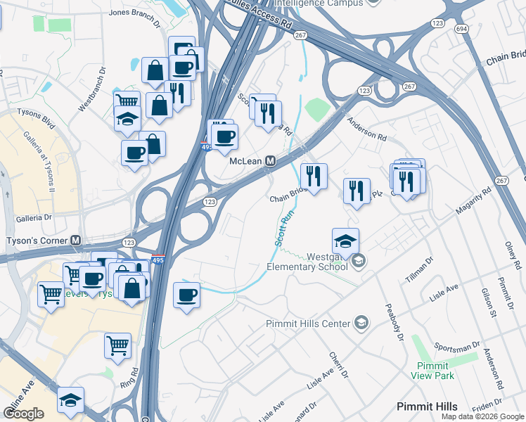 map of restaurants, bars, coffee shops, grocery stores, and more near 1749 Old Meadow Road in McLean