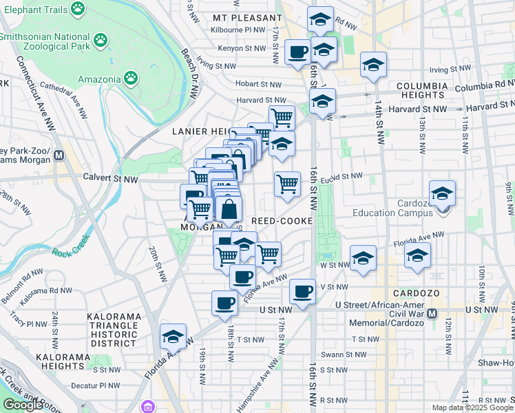 map of restaurants, bars, coffee shops, grocery stores, and more near 2419 Ontario Road Northwest in Washington