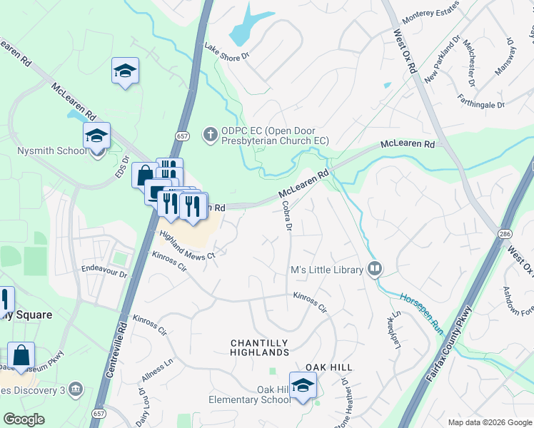 map of restaurants, bars, coffee shops, grocery stores, and more near 13591 Cobra Drive in Herndon