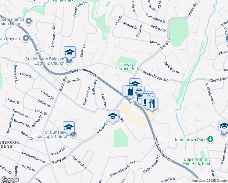 map of restaurants, bars, coffee shops, grocery stores, and more near 6315 Old Dominion Drive in McLean
