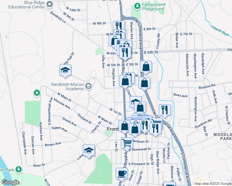 map of restaurants, bars, coffee shops, grocery stores, and more near 229 Virginia Avenue in Front Royal