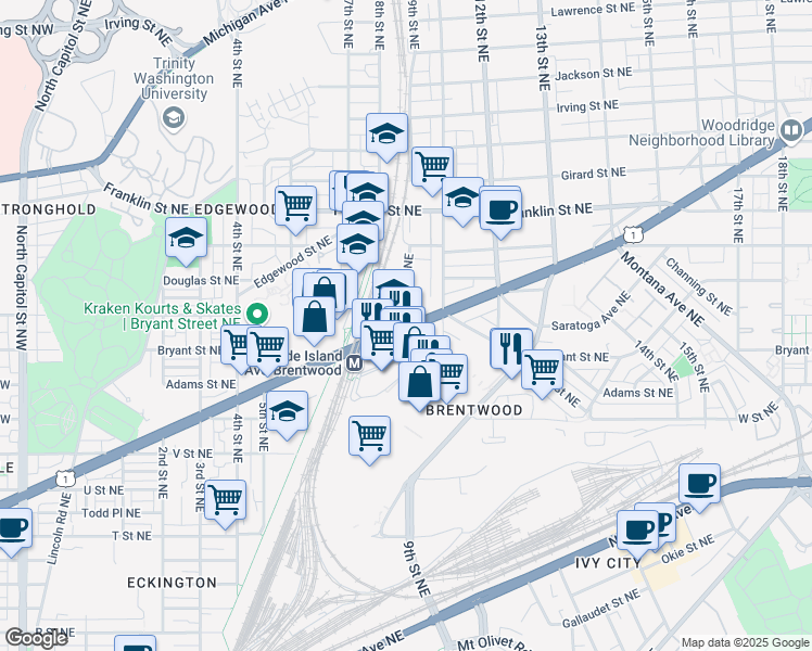 map of restaurants, bars, coffee shops, grocery stores, and more near 2920 Washington Place Northeast in Washington