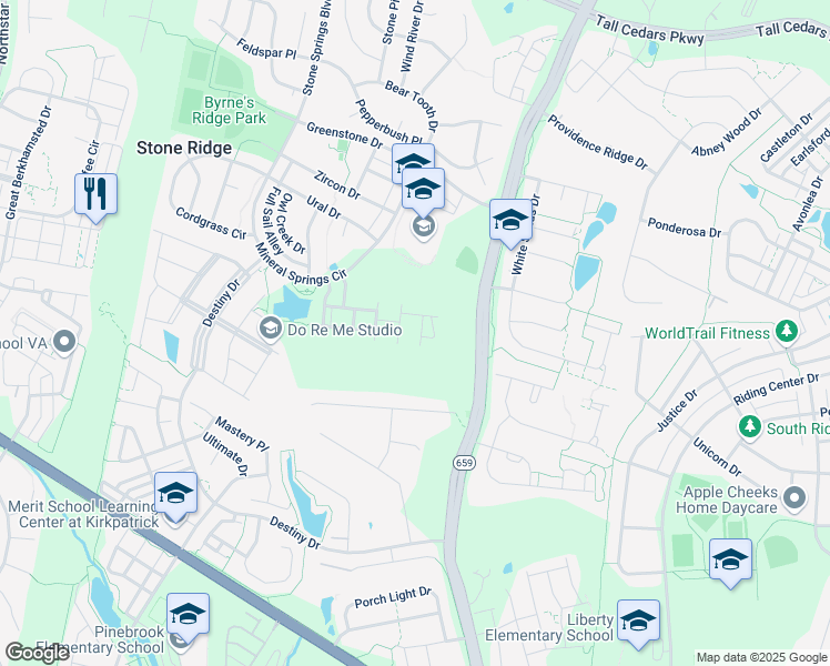 map of restaurants, bars, coffee shops, grocery stores, and more near 25143 Sodalite Square in Stone Ridge