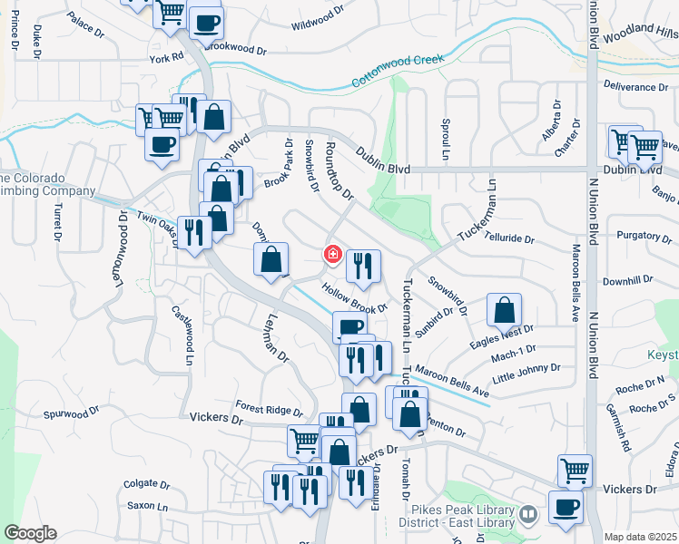 map of restaurants, bars, coffee shops, grocery stores, and more near 2118 Hollow Brook Drive in Colorado Springs