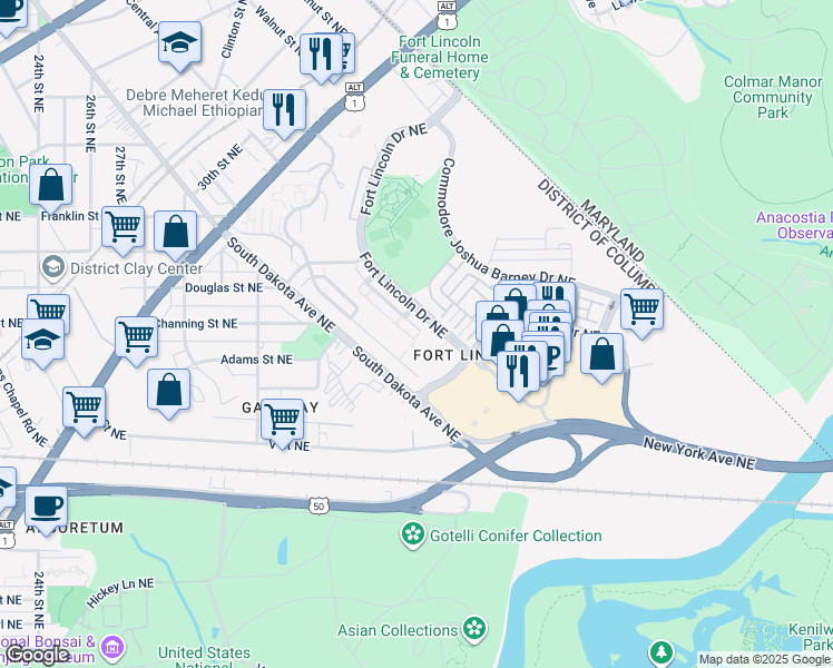 map of restaurants, bars, coffee shops, grocery stores, and more near 3294 Robert Clifton Weaver Way Northeast in Washington