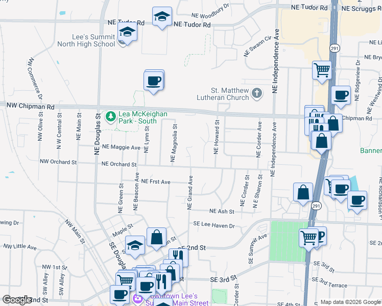 map of restaurants, bars, coffee shops, grocery stores, and more near 512 Northeast Weathervane Street in Lee's Summit