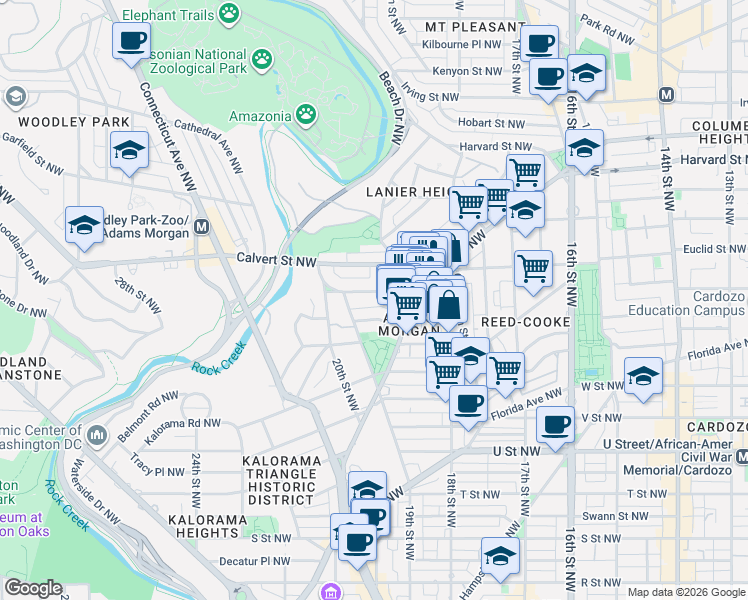 map of restaurants, bars, coffee shops, grocery stores, and more near 1900 Biltmore Street Northwest in Washington