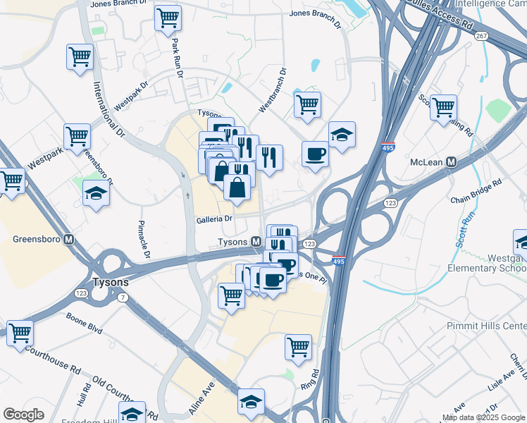 map of restaurants, bars, coffee shops, grocery stores, and more near 1763 Tysons Boulevard in Tysons