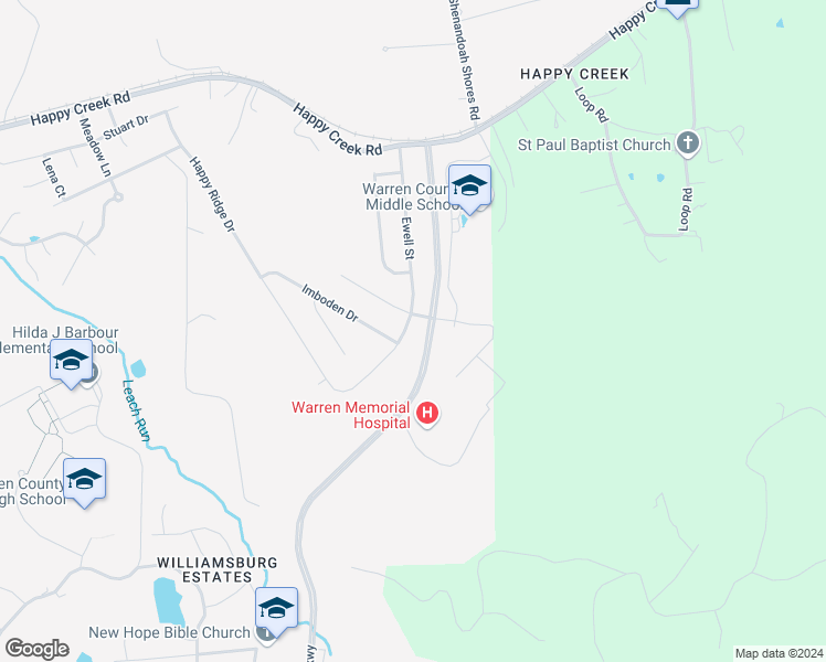 map of restaurants, bars, coffee shops, grocery stores, and more near 1204 Ewell Street in Front Royal