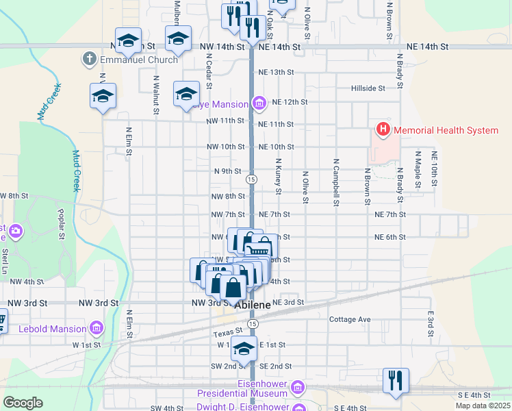 map of restaurants, bars, coffee shops, grocery stores, and more near 707 North Buckeye Avenue in Abilene