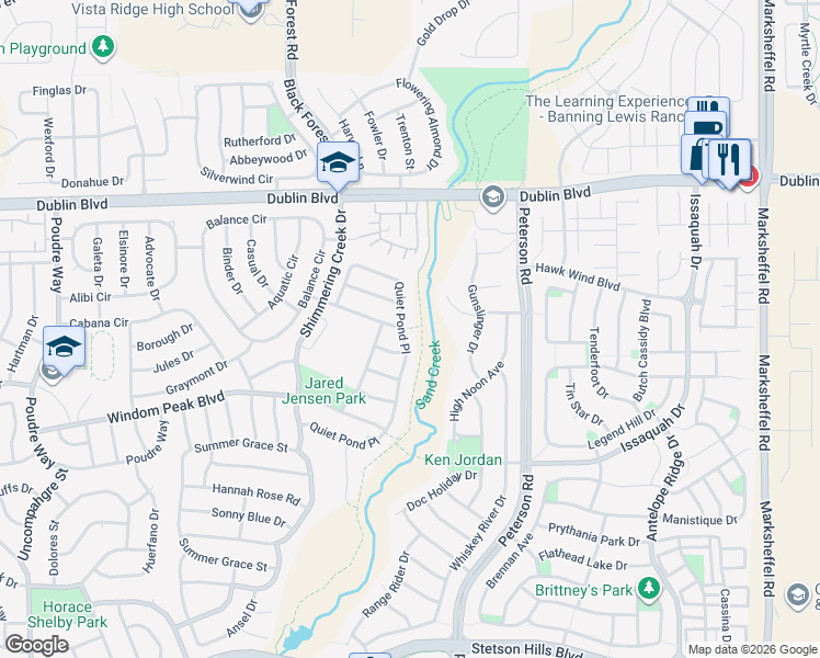 map of restaurants, bars, coffee shops, grocery stores, and more near 7205 Quiet Pond Place in Colorado Springs