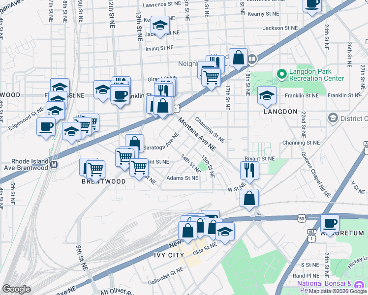 map of restaurants, bars, coffee shops, grocery stores, and more near 2415 14th Street Northwest in Washington