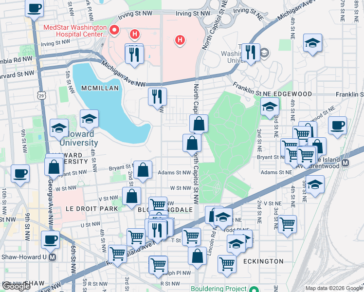 map of restaurants, bars, coffee shops, grocery stores, and more near 101 Independence Avenue Southeast in Washington