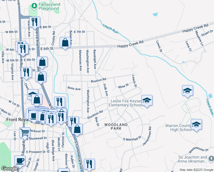 map of restaurants, bars, coffee shops, grocery stores, and more near 223 Polk Ave in Front Royal
