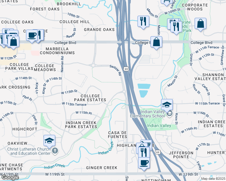 map of restaurants, bars, coffee shops, grocery stores, and more near 10300 Indian Creek Parkway in Overland Park
