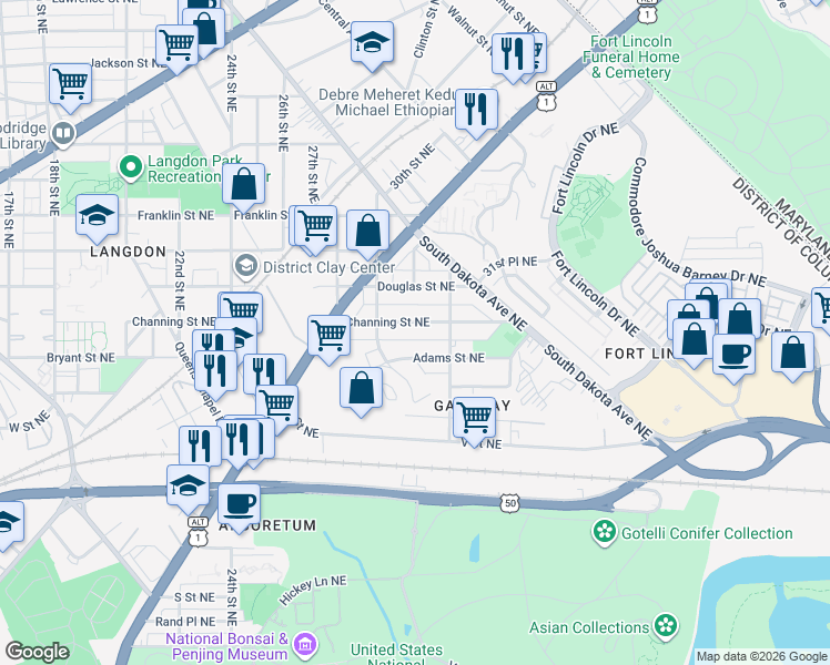 map of restaurants, bars, coffee shops, grocery stores, and more near 3015 Channing Street Northeast in Washington