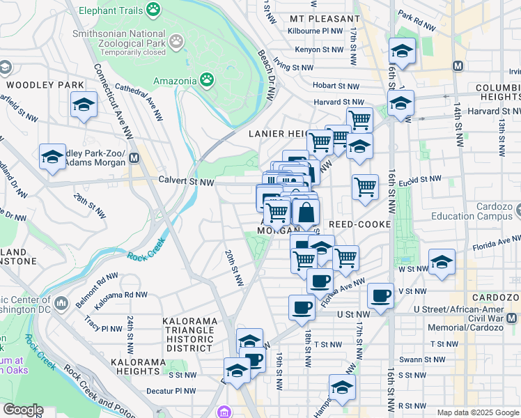 map of restaurants, bars, coffee shops, grocery stores, and more near 1848 Biltmore Street Northwest in Washington