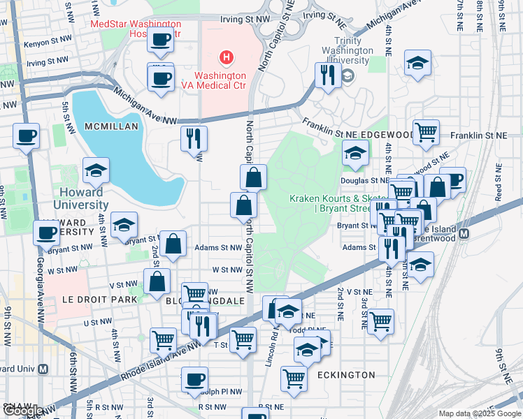 map of restaurants, bars, coffee shops, grocery stores, and more near 13 Channing Street Northwest in Washington